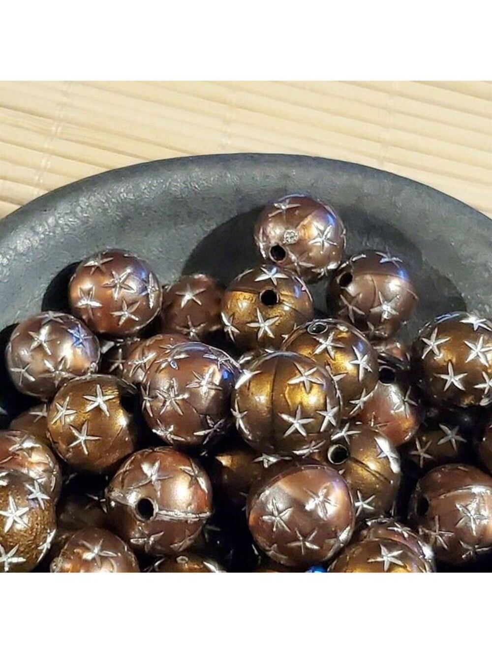 10 Vintage Retro Brown Silver Stars 12mm Round Acrylic Shabby Chic Beads